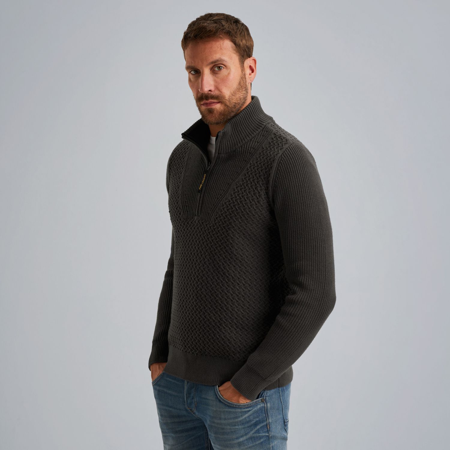 Пуловер PME Legend с короткой молнией серый артикул PKW2510305-9703