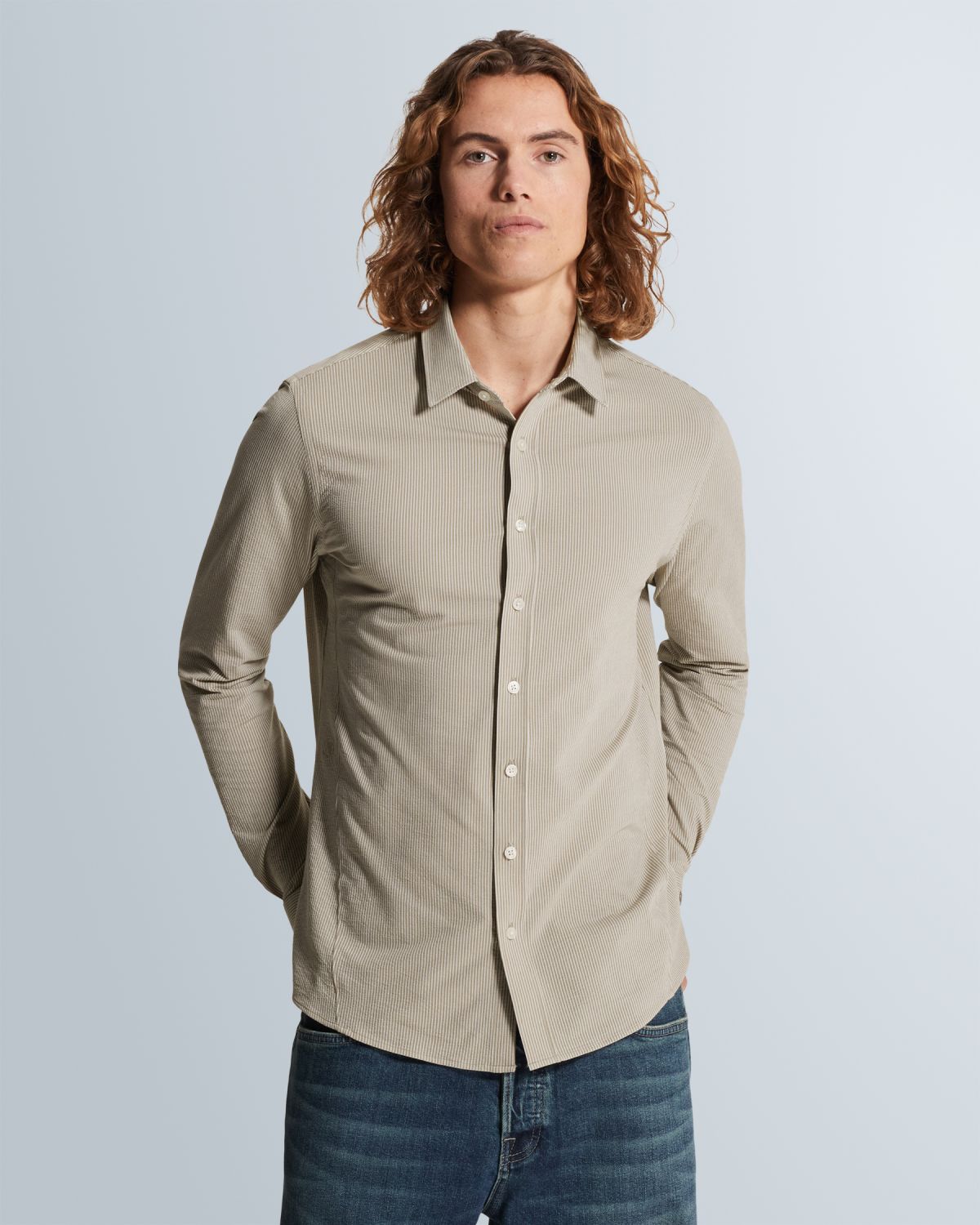 Рубашка Cast-Iron с текстурной полосой бежевая артикул CSI2602218-8023