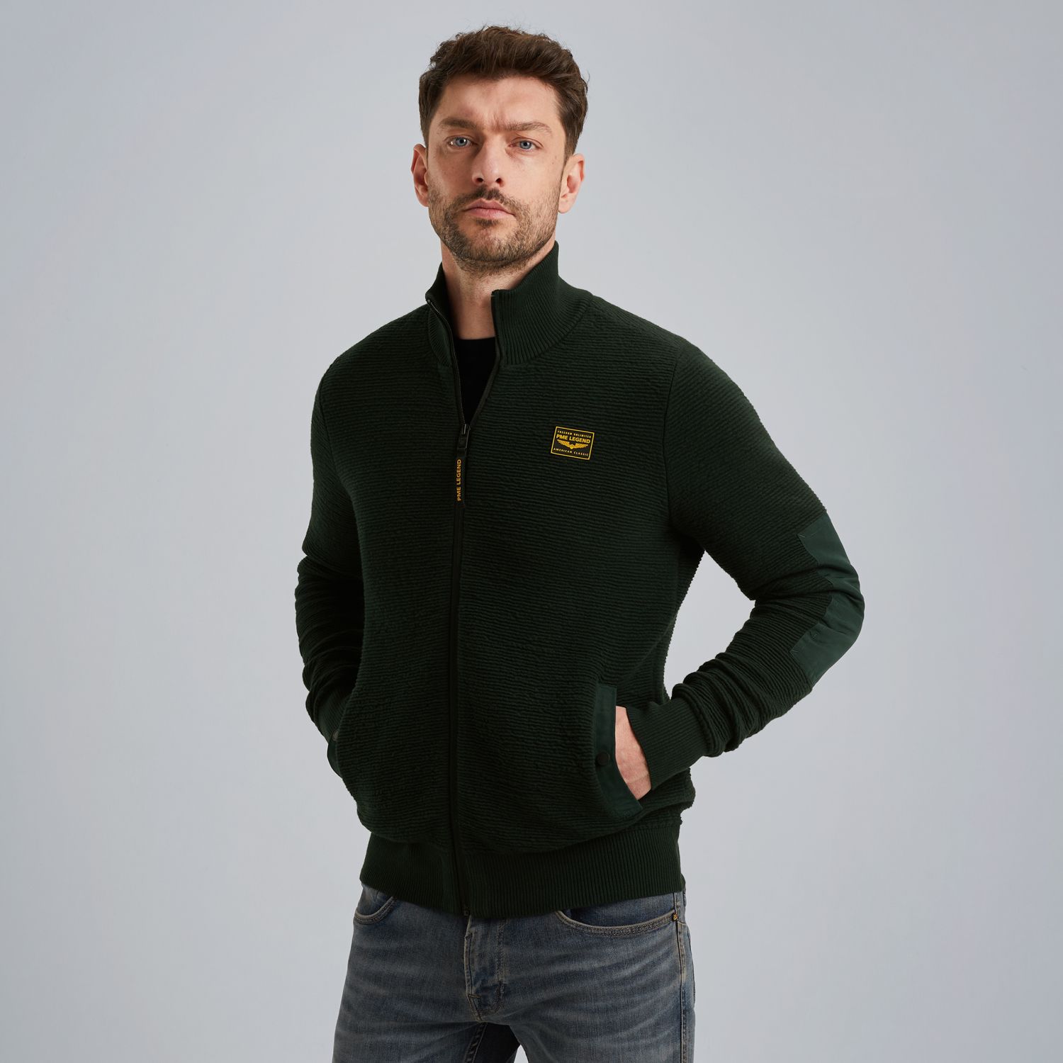 Кардиган PME Legend с заплатками на локтях зелёный артикул PKC2510322-6027