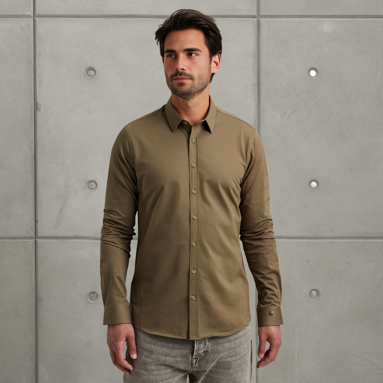 Рубашка Cast-Iron в твиловом трикотаже хаки артикул CSI2508200-8025