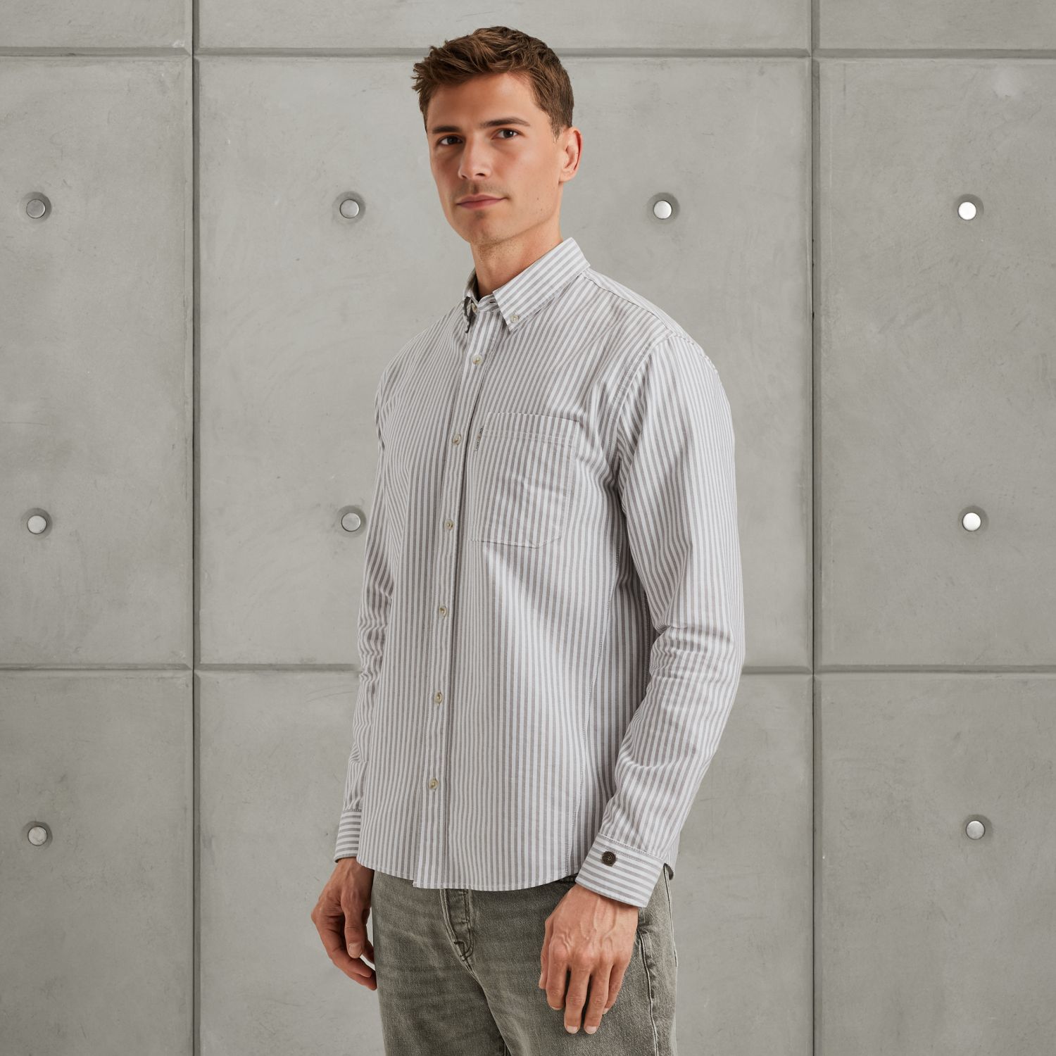 Рубашка Cast-Iron оксфорд в полоску хаки артикул CSI2508202-8025