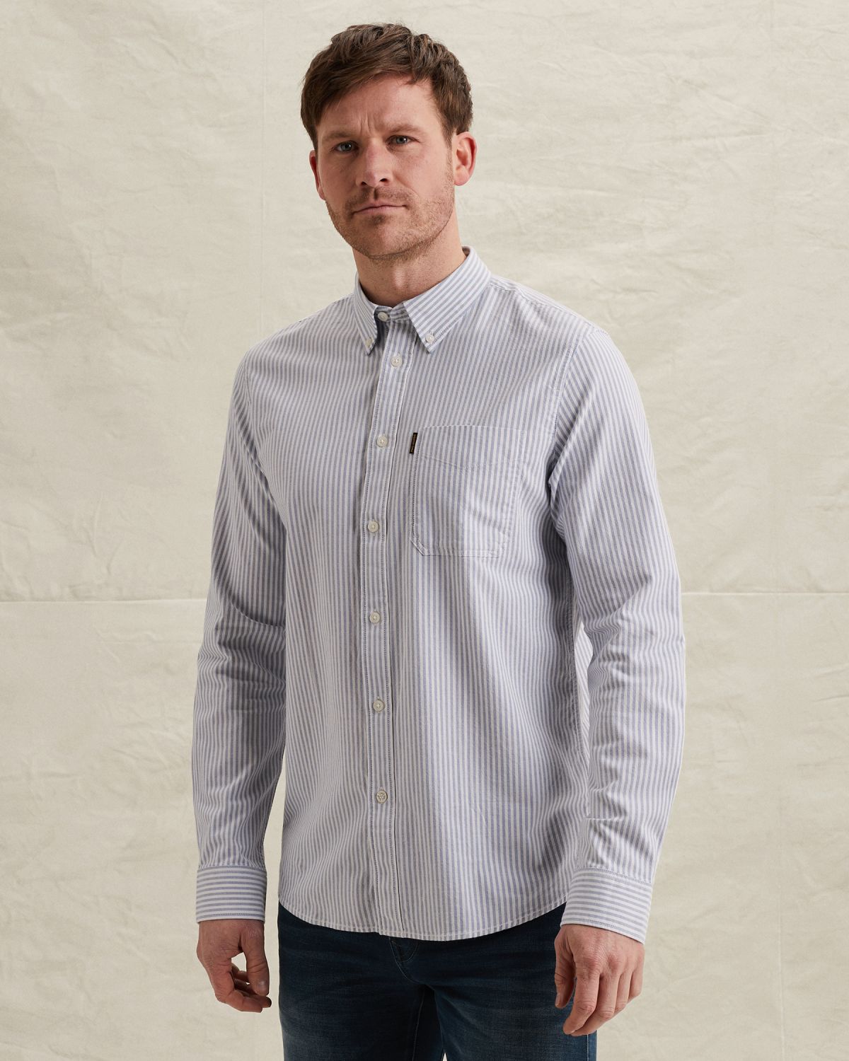 Рубашка PME Legend оксфорд с полосатым пряжно-окрашенным рисунком синяя артикул PSI650002-5040